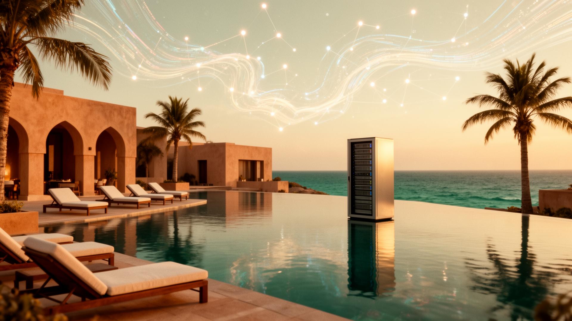 The infinity pool at Halcyon Compute at golden hour